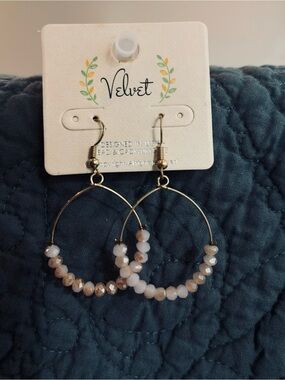 Velvet Beaded Hoop Earrings Blush Pink Gold Tone Boho Dangle New